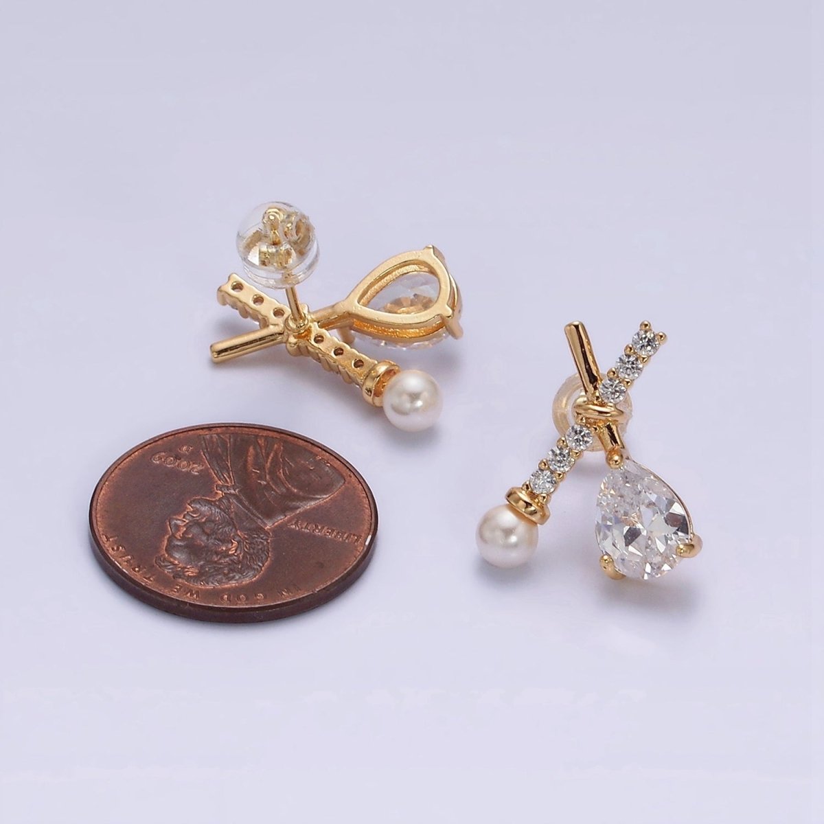 16K Gold plated Clear CZ Micro Paved X Claw Double Band Stud Earrings | AE842 - DLUXCA