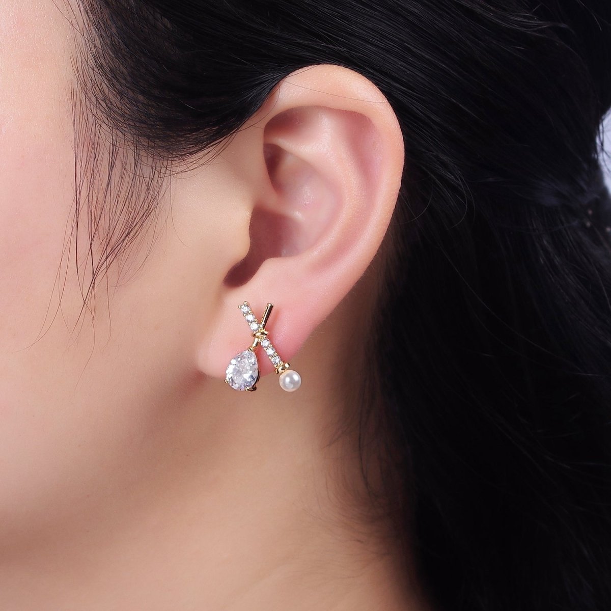 16K Gold plated Clear CZ Micro Paved X Claw Double Band Stud Earrings | AE842 - DLUXCA