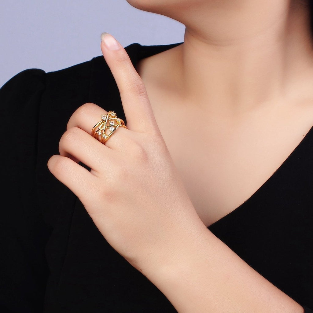 16K Gold plated Clear CZ Multiple Band Intertwined Statement Ring | O-558 - DLUXCA