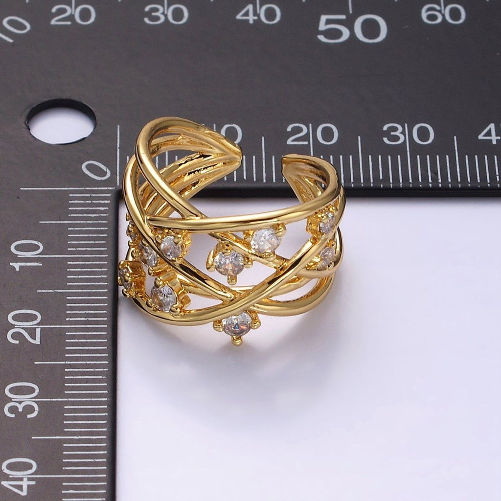 16K Gold plated Clear CZ Multiple Band Intertwined Statement Ring | O-558 - DLUXCA