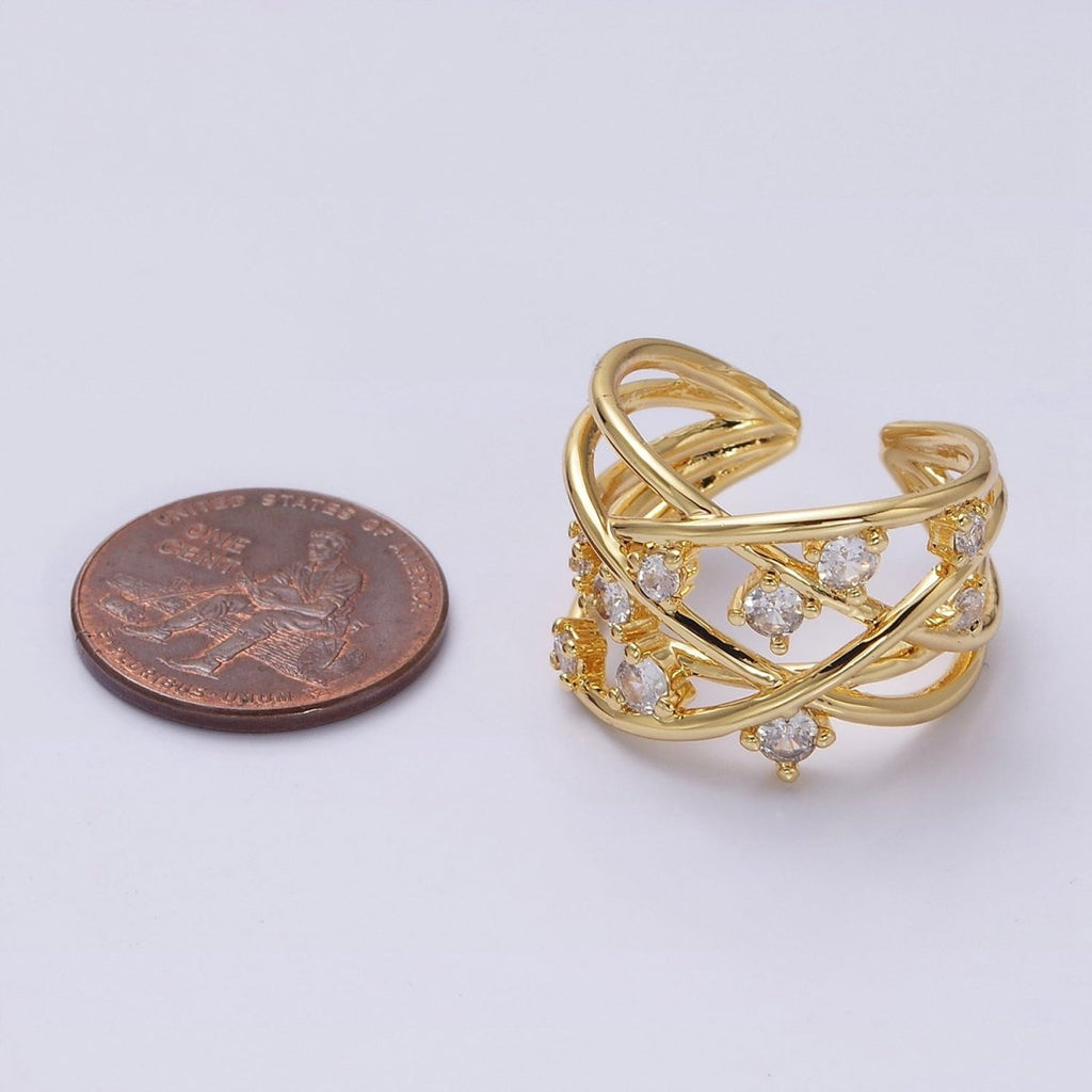 16K Gold plated Clear CZ Multiple Band Intertwined Statement Ring | O-558 - DLUXCA