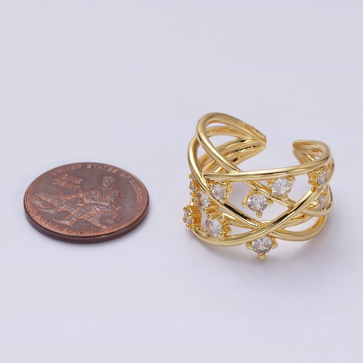 16K Gold plated Clear CZ Multiple Band Intertwined Statement Ring | O-558 - DLUXCA