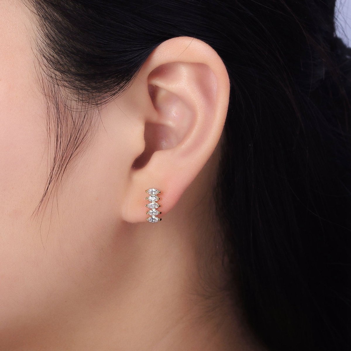 16K Gold plated Clear CZ Multiple Marquise Lined Mini Stud Earrings | AB389 - DLUXCA