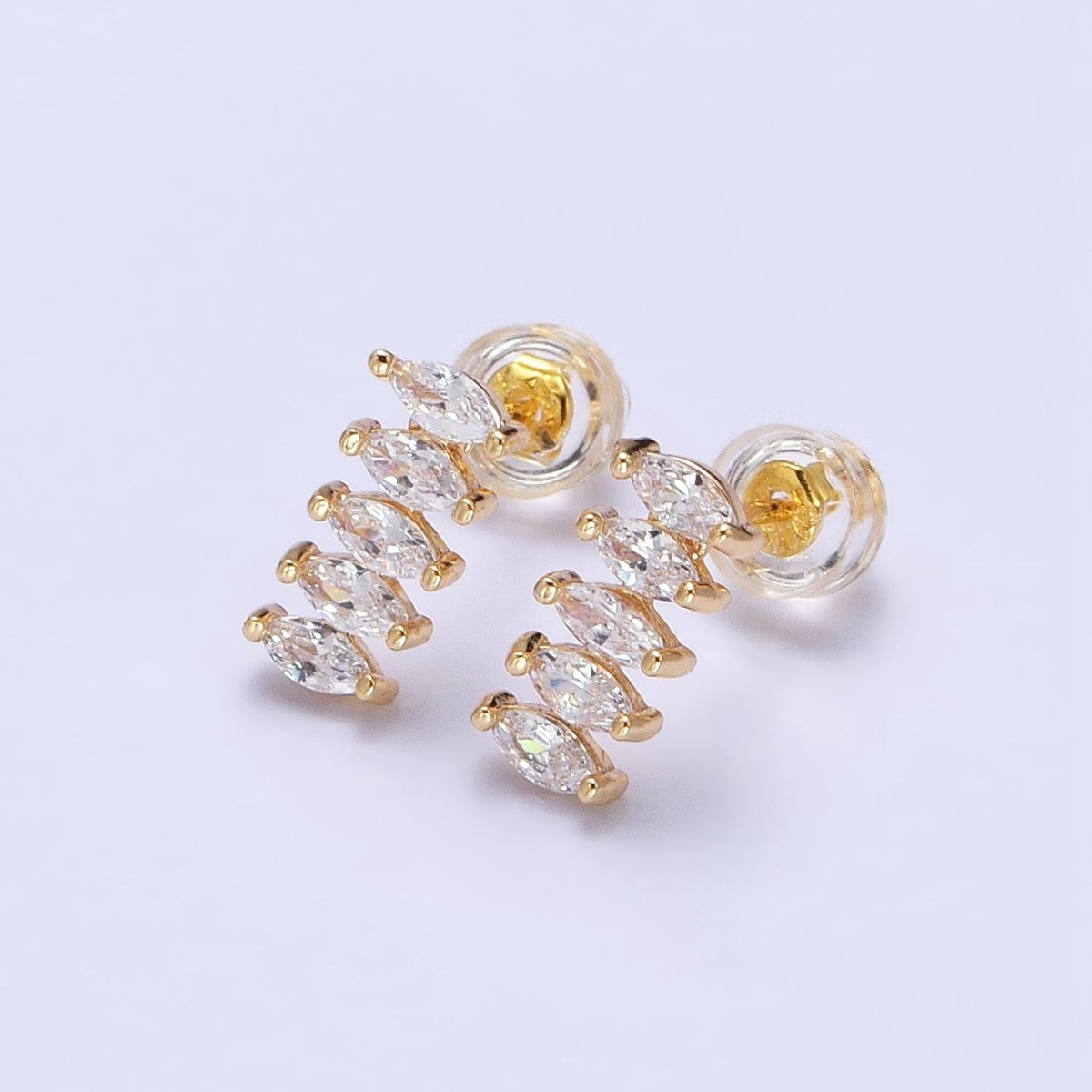 16K Gold plated Clear CZ Multiple Marquise Lined Mini Stud Earrings | AB389 - DLUXCA