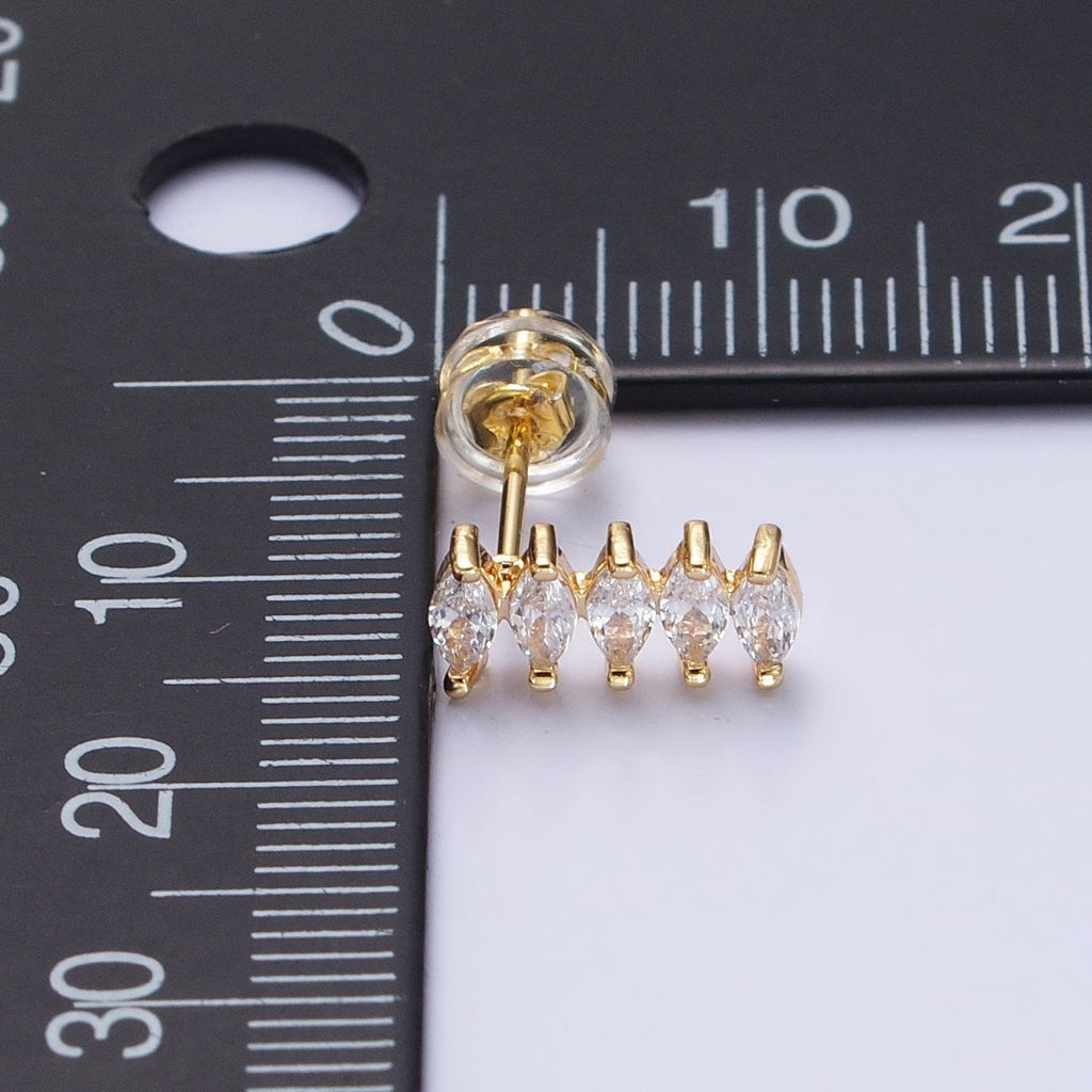 16K Gold plated Clear CZ Multiple Marquise Lined Mini Stud Earrings | AB389 - DLUXCA