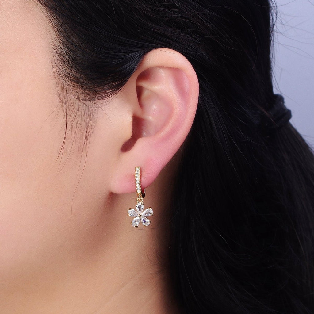 16K Gold plated Clear Flower Baguette Drop Micro Paved English Lock Earrings in Gold & Silver | AD927 AD928