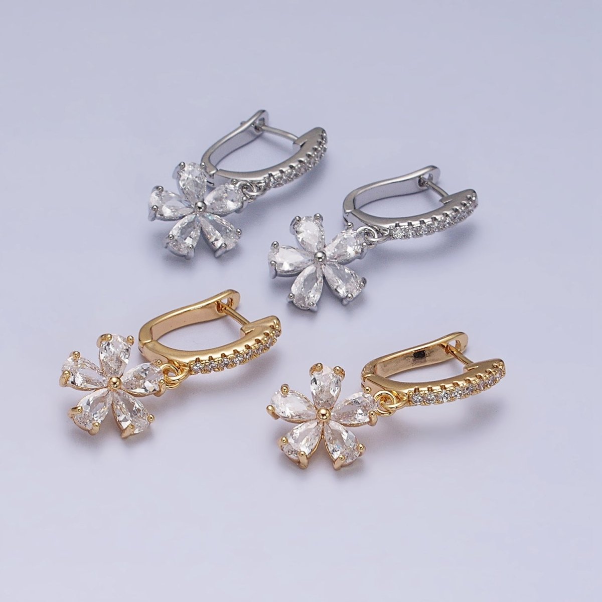 16K Gold plated Clear Flower Baguette Drop Micro Paved English Lock Earrings in Gold & Silver | AD927 AD928
