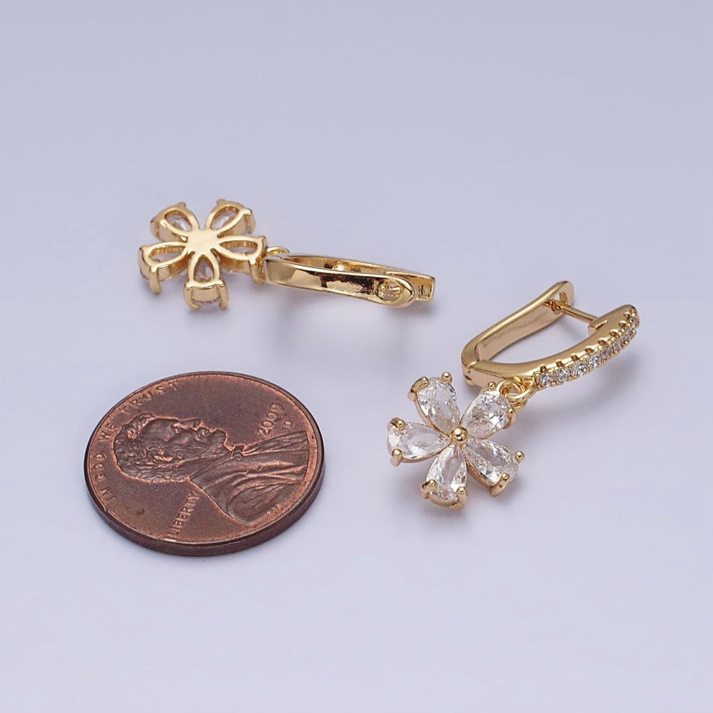 16K Gold plated Clear Flower Baguette Drop Micro Paved English Lock Earrings in Gold & Silver | AD927 AD928
