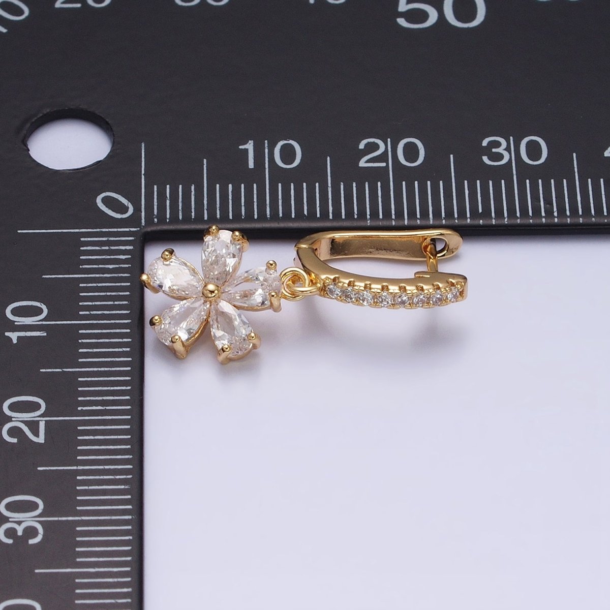 16K Gold plated Clear Flower Baguette Drop Micro Paved English Lock Earrings in Gold & Silver | AD927 AD928