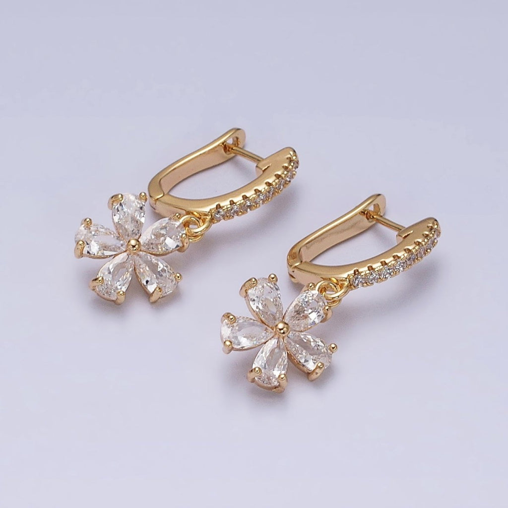16K Gold plated Clear Flower Baguette Drop Micro Paved English Lock Earrings in Gold & Silver | AD927 AD928