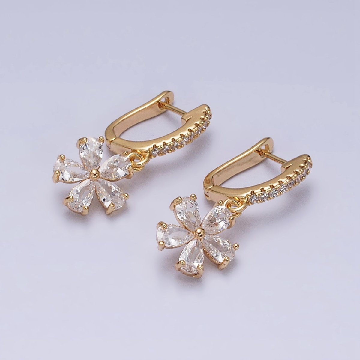 16K Gold plated Clear Flower Baguette Drop Micro Paved English Lock Earrings in Gold & Silver | AD927 AD928