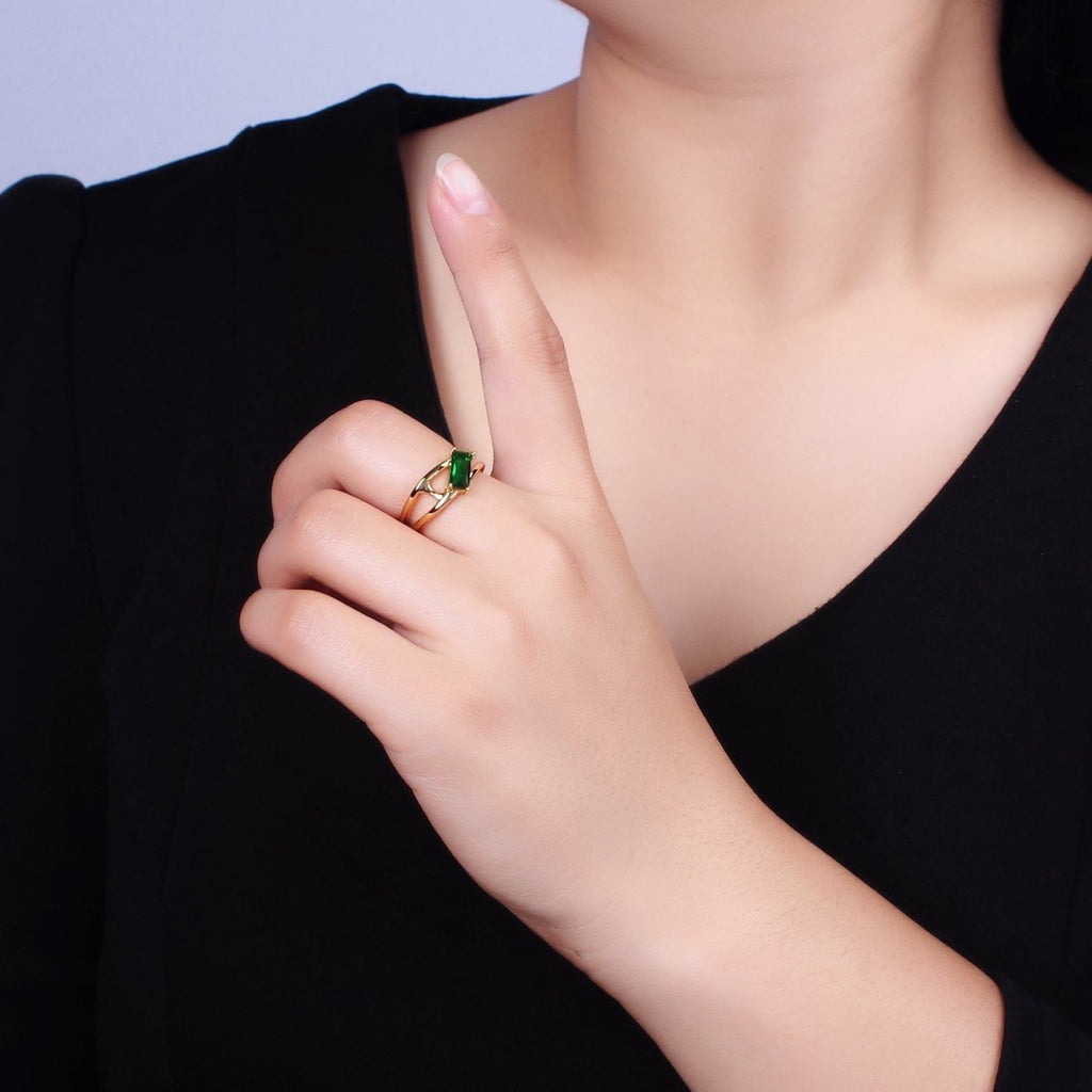 16K Gold plated Clear, Green Baguette Molten Double Band Ring in Gold & Silver | O-1621 O-1622 O-1623 O-1624 - DLUXCA