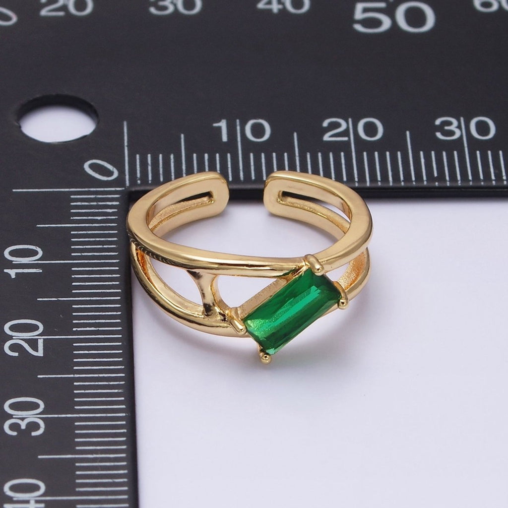 16K Gold plated Clear, Green Baguette Molten Double Band Ring in Gold & Silver | O-1621 O-1622 O-1623 O-1624 - DLUXCA