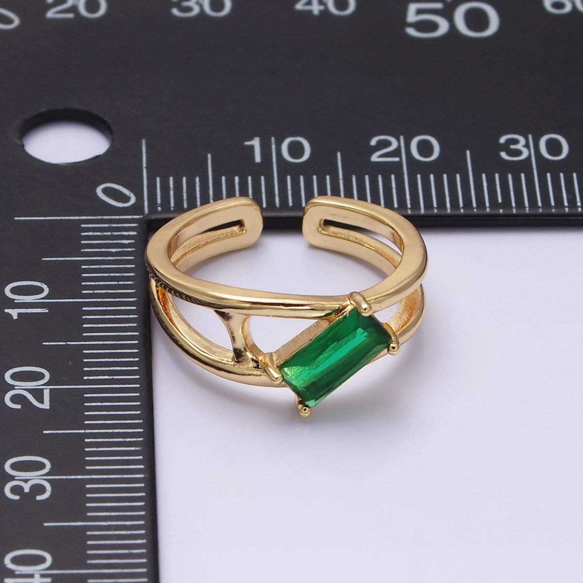 16K Gold plated Clear, Green Baguette Molten Double Band Ring in Gold & Silver | O-1621 O-1622 O-1623 O-1624 - DLUXCA