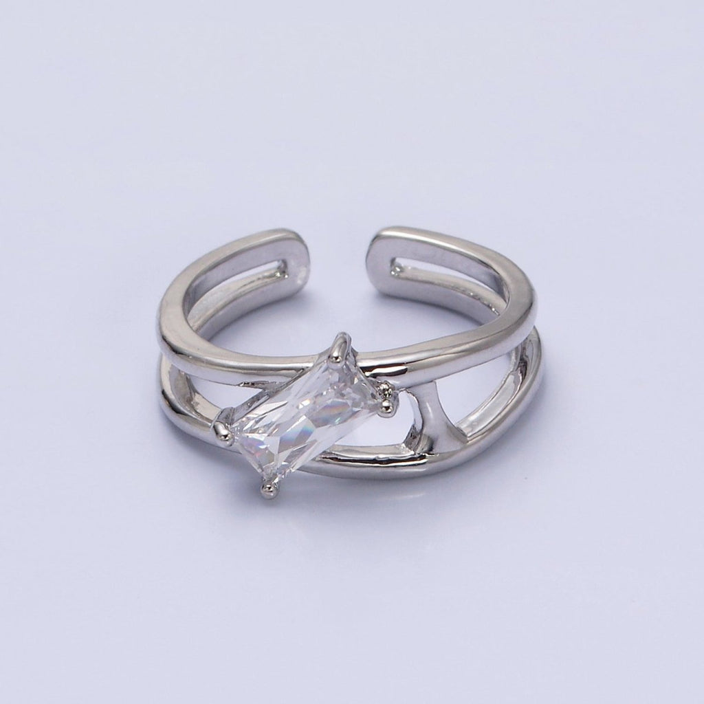 16K Gold plated Clear, Green Baguette Molten Double Band Ring in Gold & Silver | O-1621 O-1622 O-1623 O-1624 - DLUXCA