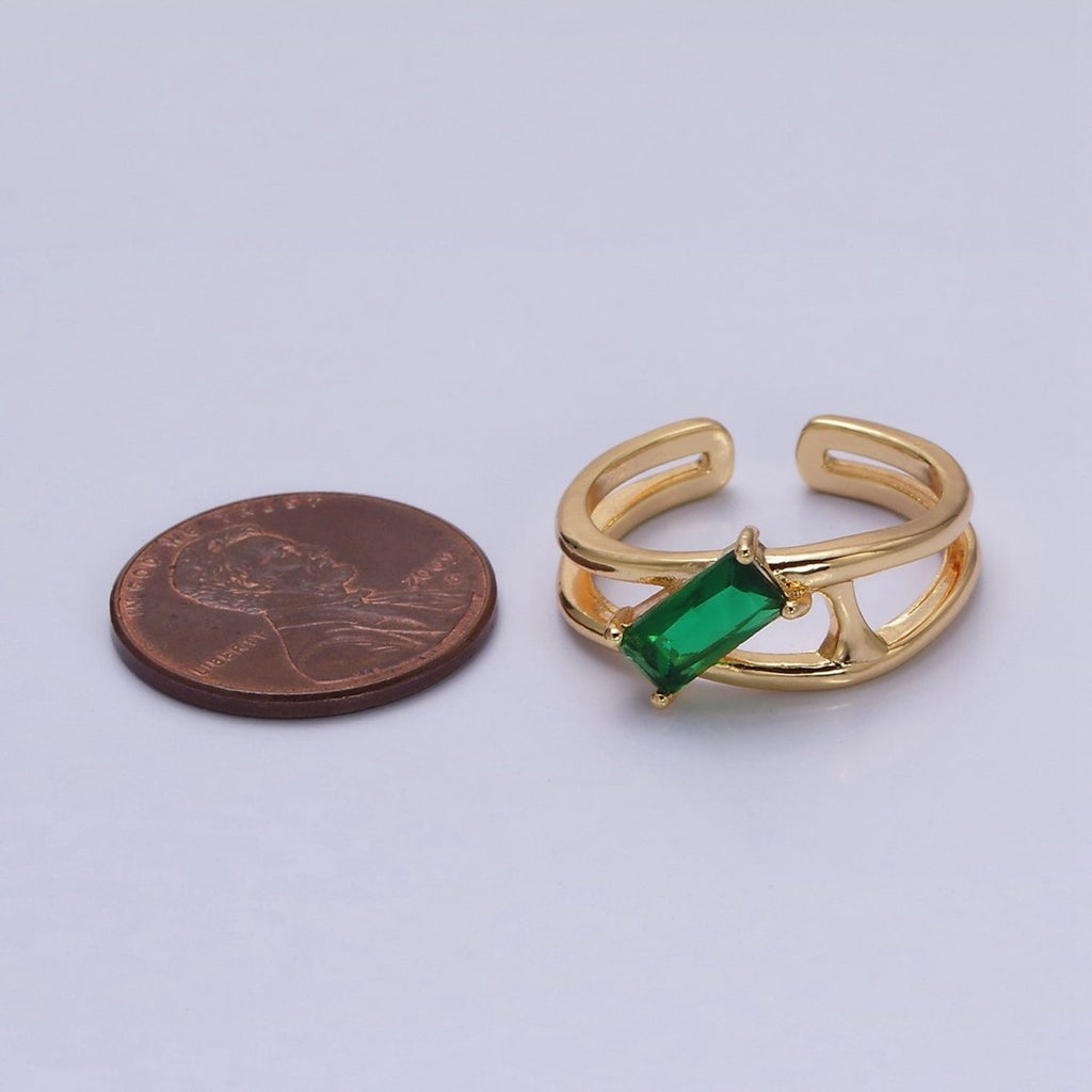 16K Gold plated Clear, Green Baguette Molten Double Band Ring in Gold & Silver | O-1621 O-1622 O-1623 O-1624 - DLUXCA