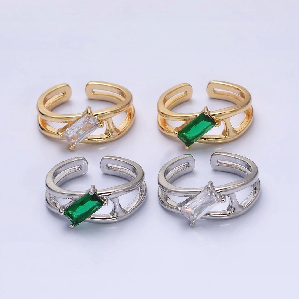 16K Gold plated Clear, Green Baguette Molten Double Band Ring in Gold & Silver | O-1621 O-1622 O-1623 O-1624 - DLUXCA