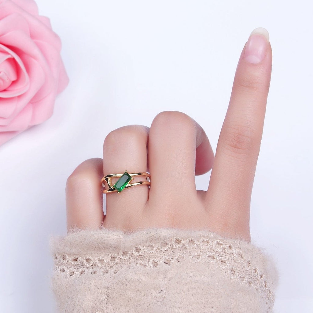 16K Gold plated Clear, Green Baguette Molten Double Band Ring in Gold & Silver | O-1621 O-1622 O-1623 O-1624 - DLUXCA