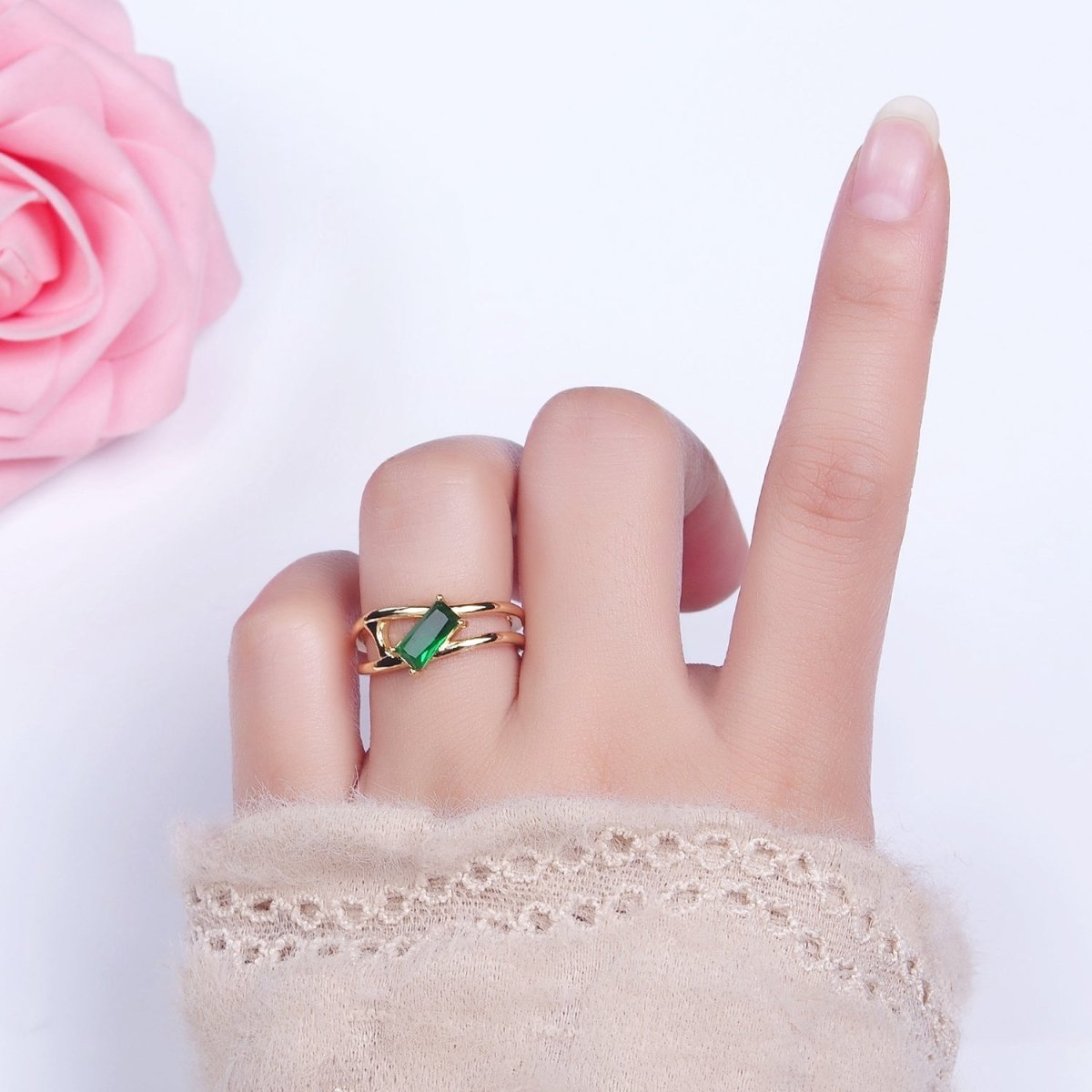 16K Gold plated Clear, Green Baguette Molten Double Band Ring in Gold & Silver | O-1621 O-1622 O-1623 O-1624 - DLUXCA