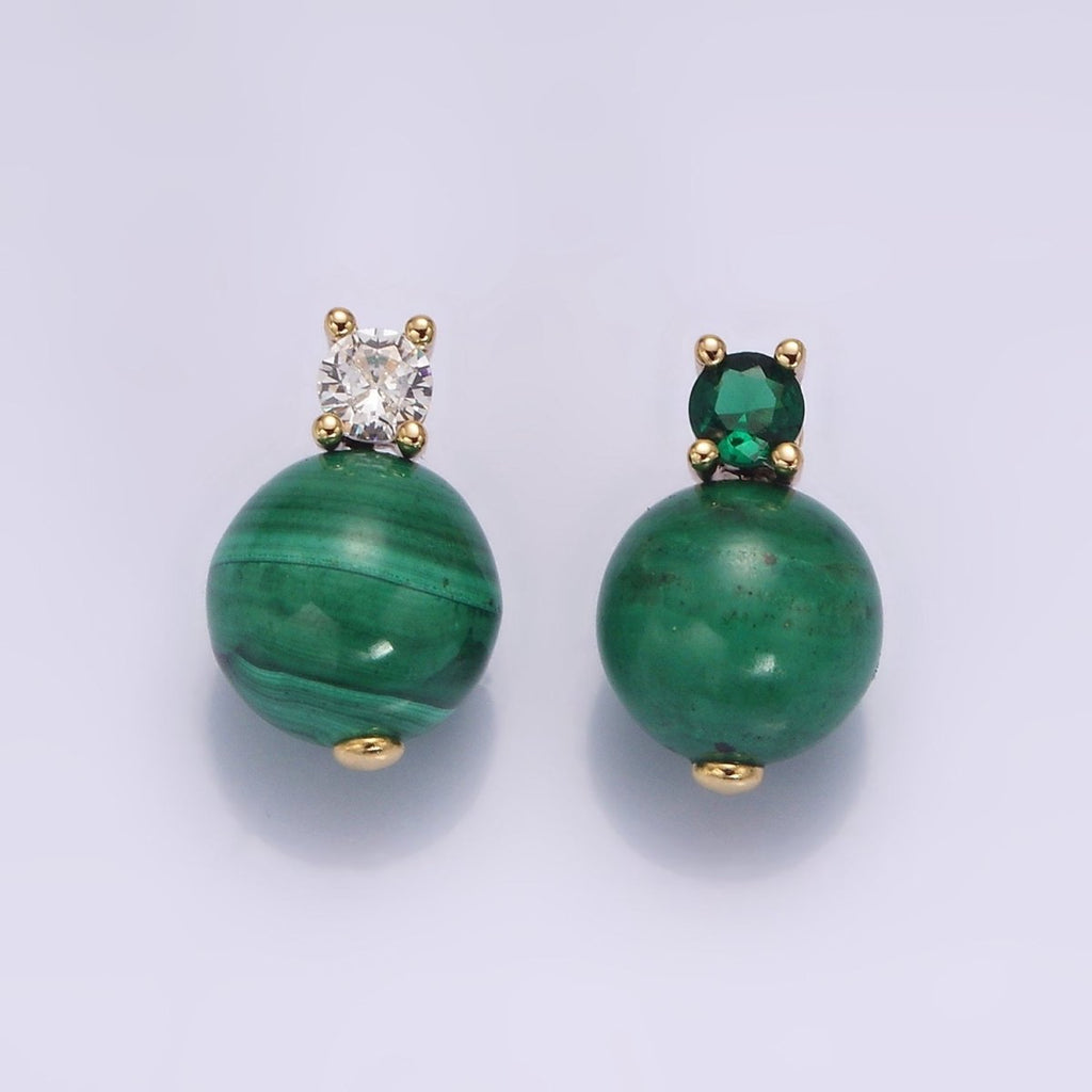 16K Gold plated Clear, Green CZ Malachite Round Bead Pendant | N1843 N1844
