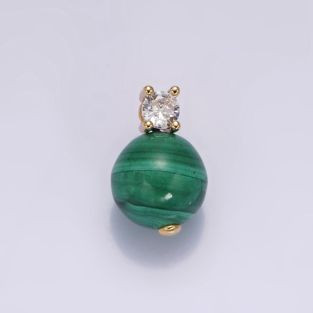16K Gold plated Clear, Green CZ Malachite Round Bead Pendant | N1843 N1844