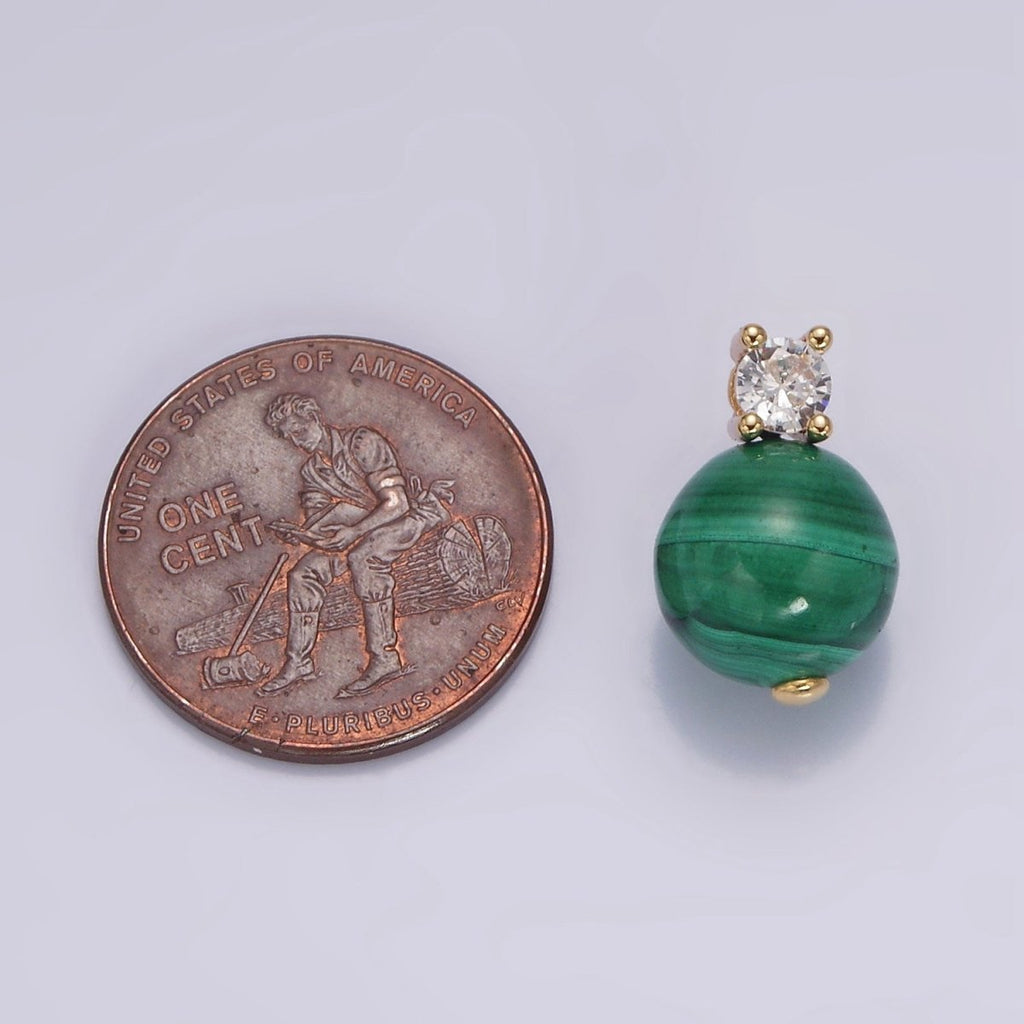 16K Gold plated Clear, Green CZ Malachite Round Bead Pendant | N1843 N1844