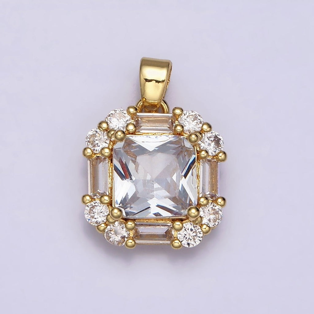 16K Gold plated Clear, Green, Purple CZ Square Baguette Pendant in Gold & Silver | AA487 - AA492