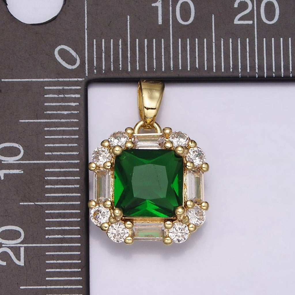 16K Gold plated Clear, Green, Purple CZ Square Baguette Pendant in Gold & Silver | AA487 - AA492