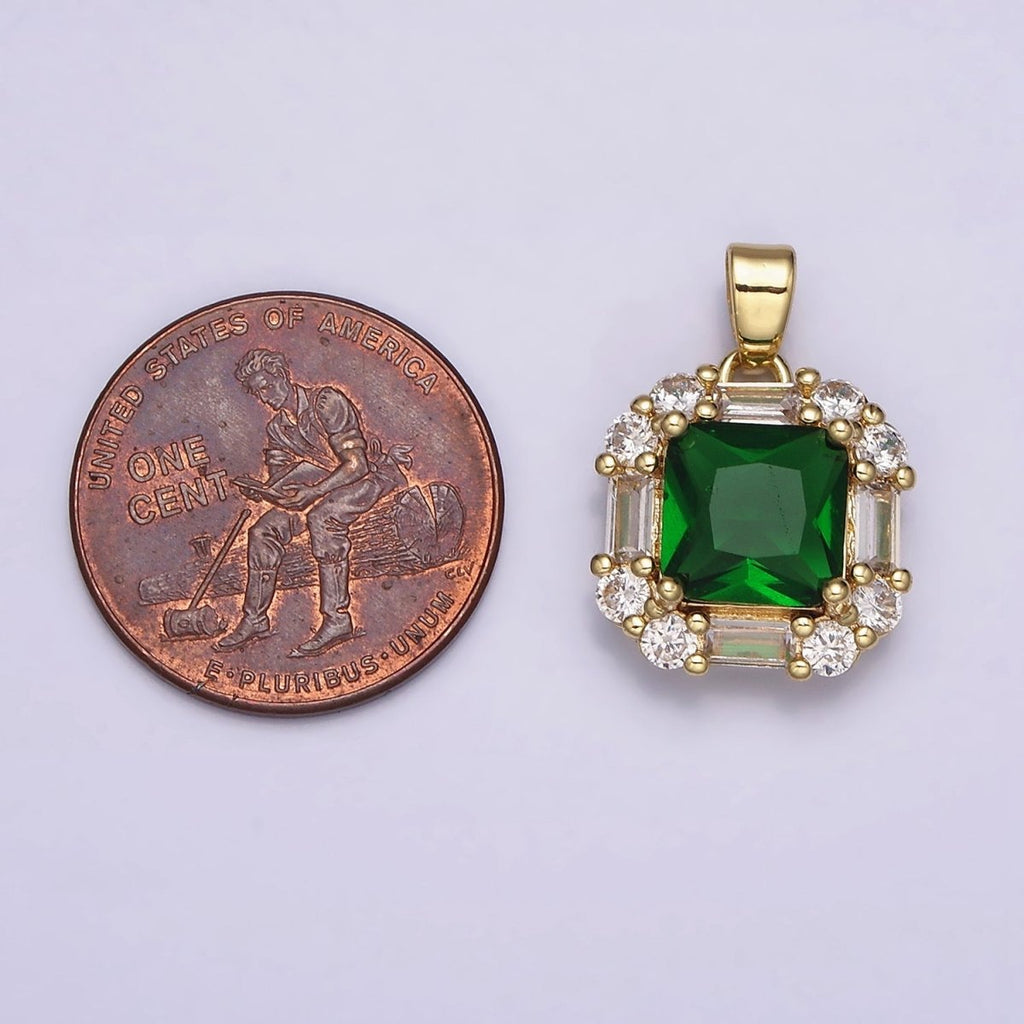 16K Gold plated Clear, Green, Purple CZ Square Baguette Pendant in Gold & Silver | AA487 - AA492