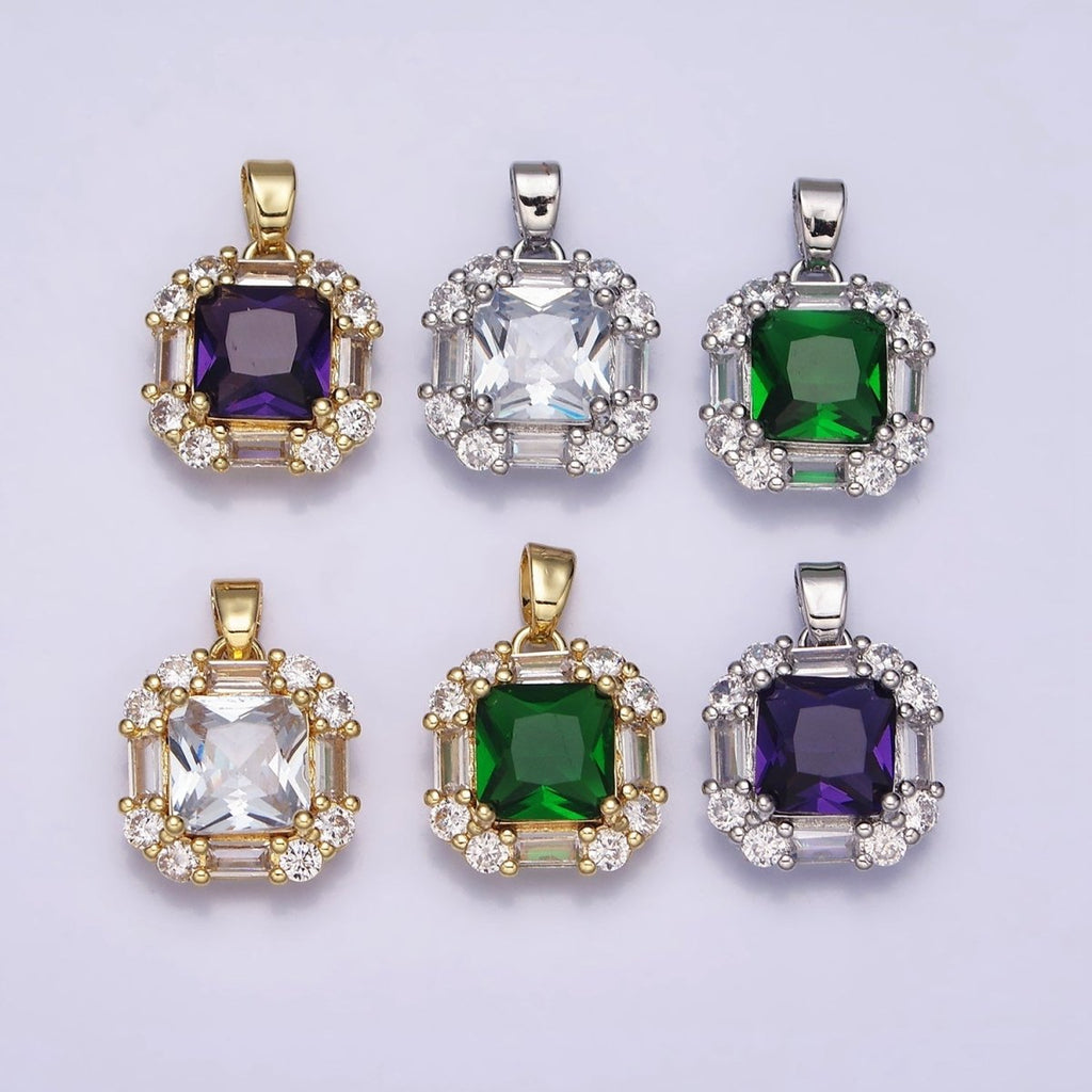 16K Gold plated Clear, Green, Purple CZ Square Baguette Pendant in Gold & Silver | AA487 - AA492