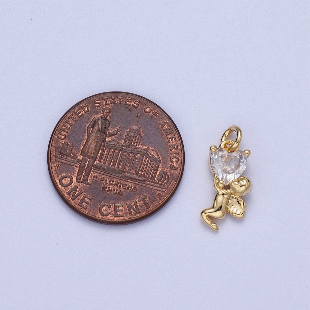 16K Gold plated Clear Heart CZ Cherub Baby Angel Charm | C-883 - DLUXCA