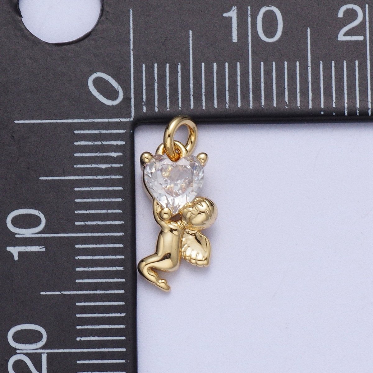 16K Gold plated Clear Heart CZ Cherub Baby Angel Charm | C-883 - DLUXCA