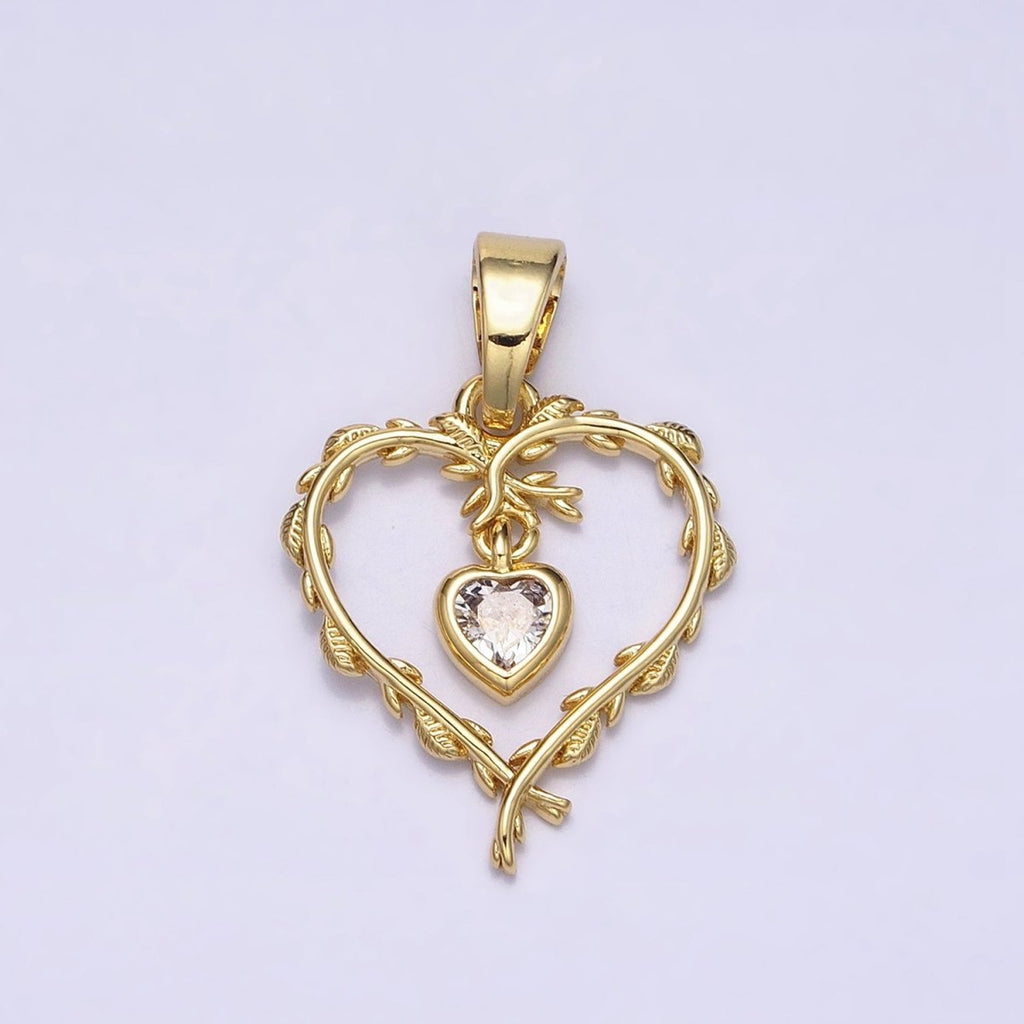 16K Gold plated Clear Heart CZ Olive Vine Leaf Open Pendant | AC1326 - DLUXCA