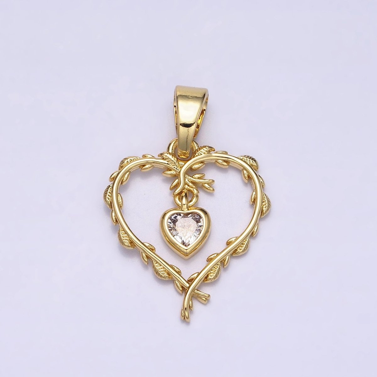 16K Gold plated Clear Heart CZ Olive Vine Leaf Open Pendant | AC1326 - DLUXCA