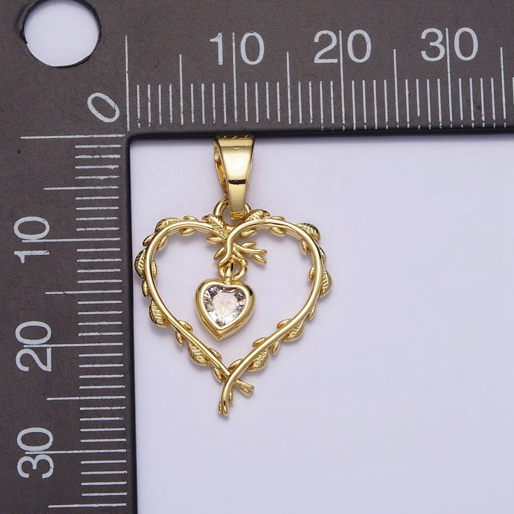 16K Gold plated Clear Heart CZ Olive Vine Leaf Open Pendant | AC1326 - DLUXCA