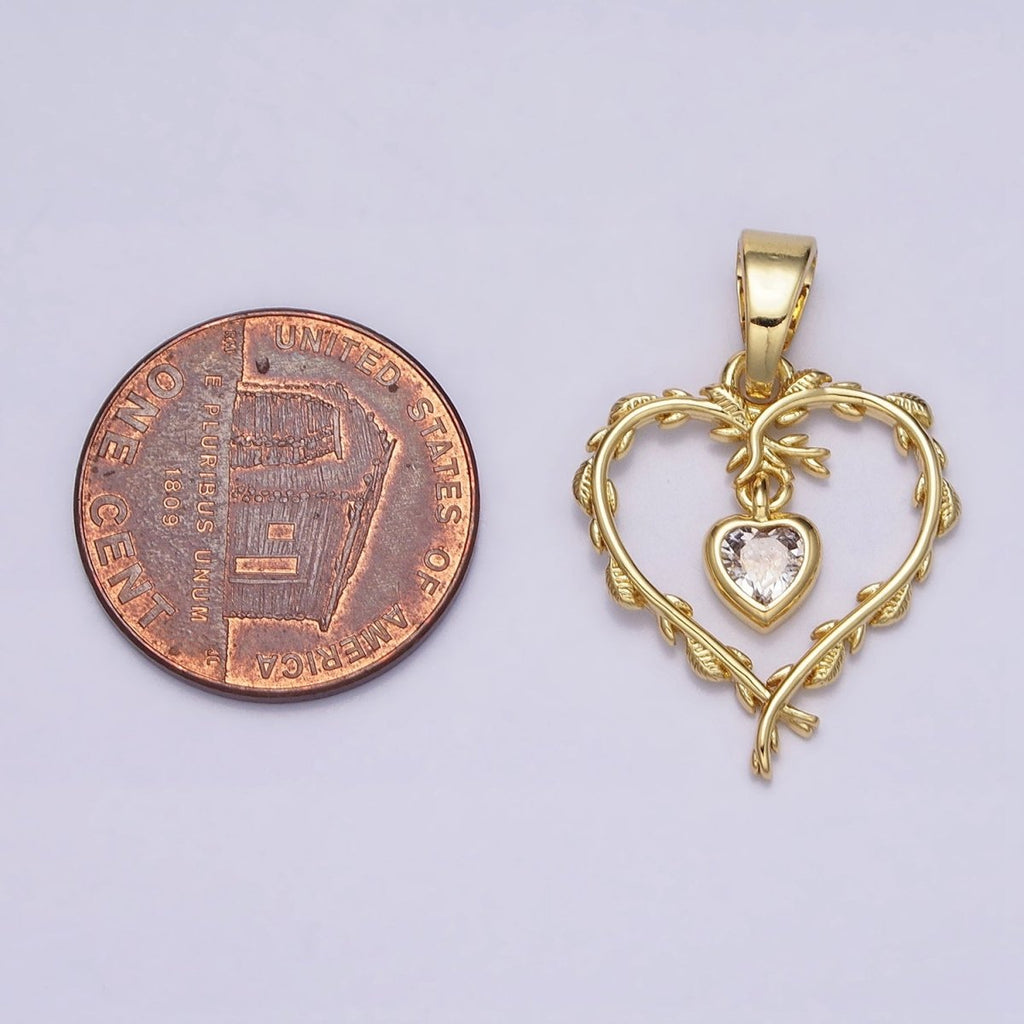 16K Gold plated Clear Heart CZ Olive Vine Leaf Open Pendant | AC1326 - DLUXCA