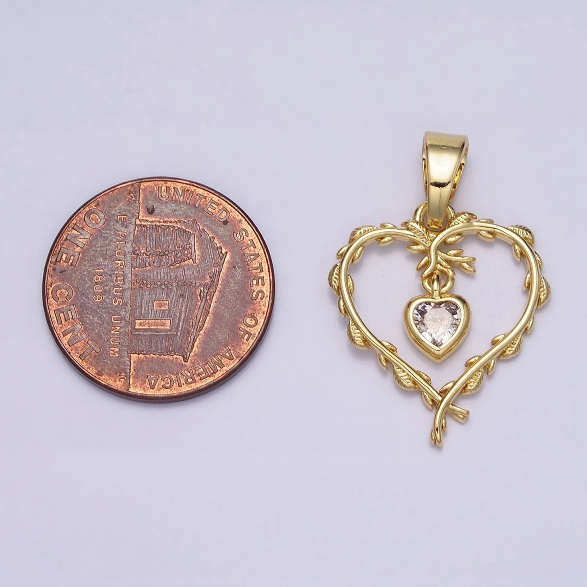 16K Gold plated Clear Heart CZ Olive Vine Leaf Open Pendant | AC1326 - DLUXCA