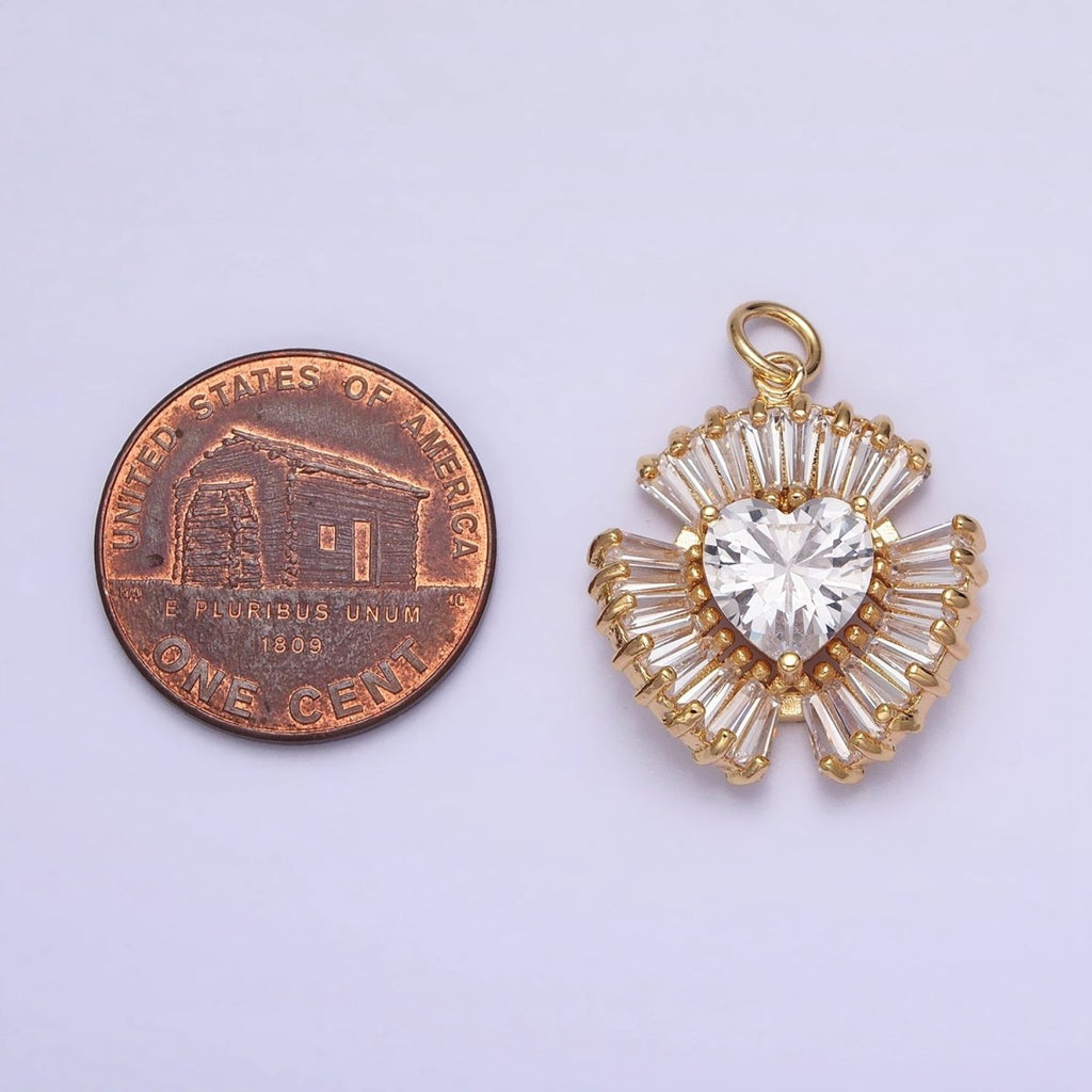 16K Gold plated Clear Heart CZ Triple Baguette Lined Charm in Gold & Silver | AC-1205 AC-1206