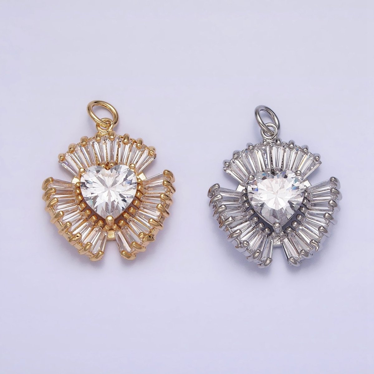 16K Gold plated Clear Heart CZ Triple Baguette Lined Charm in Gold & Silver | AC-1205 AC-1206
