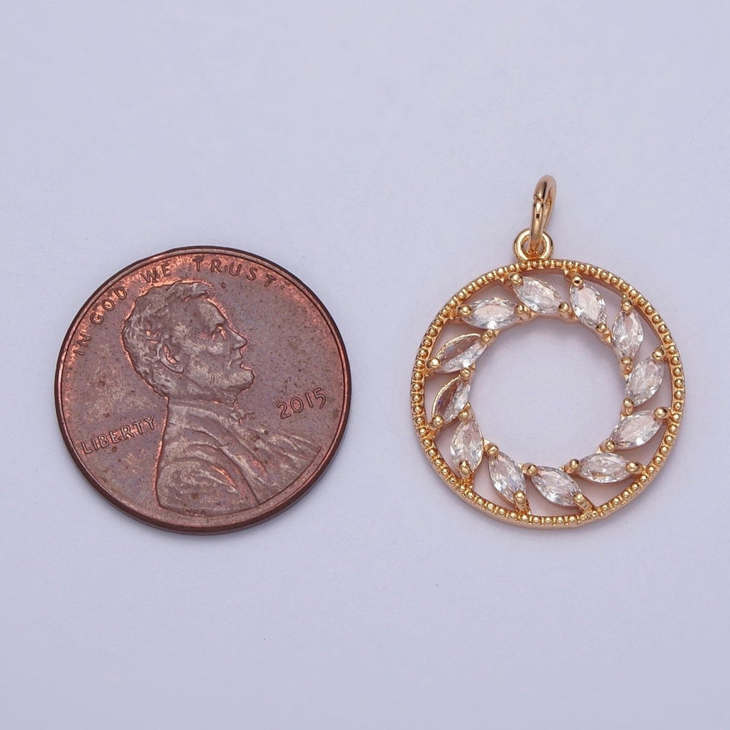 16K Gold plated Clear Marquise CZ Spiral Open Round Medallion Charm | X-219 - DLUXCA