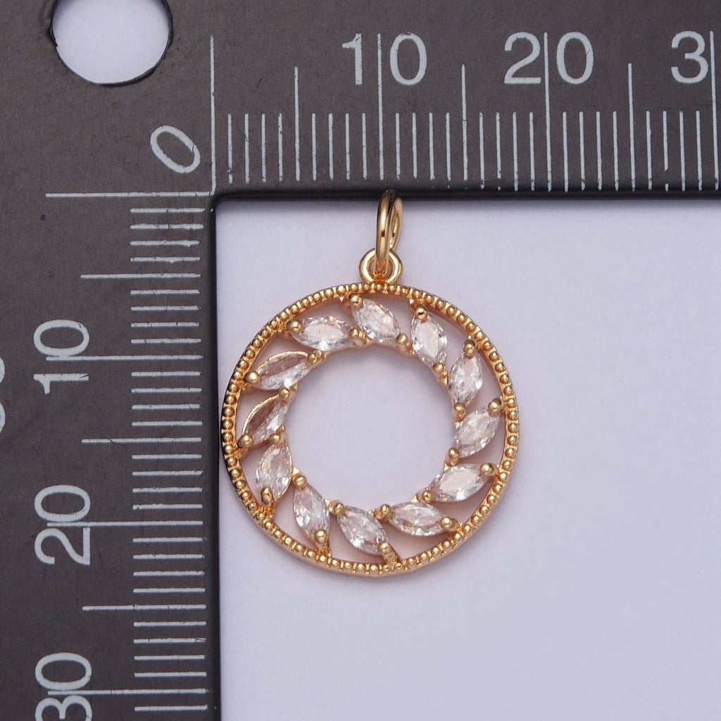 16K Gold plated Clear Marquise CZ Spiral Open Round Medallion Charm | X-219 - DLUXCA