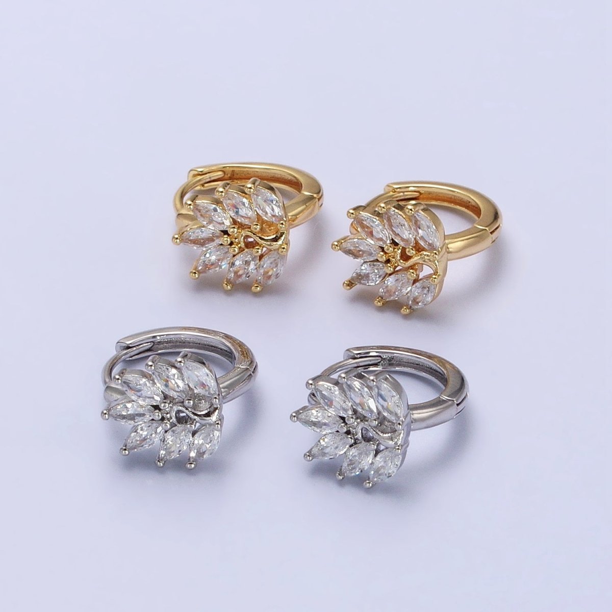 16K Gold plated Clear Marquise Leaf Tree 13mm Cartilage Huggie Earrings in Silver & Gold | AB441 AB465