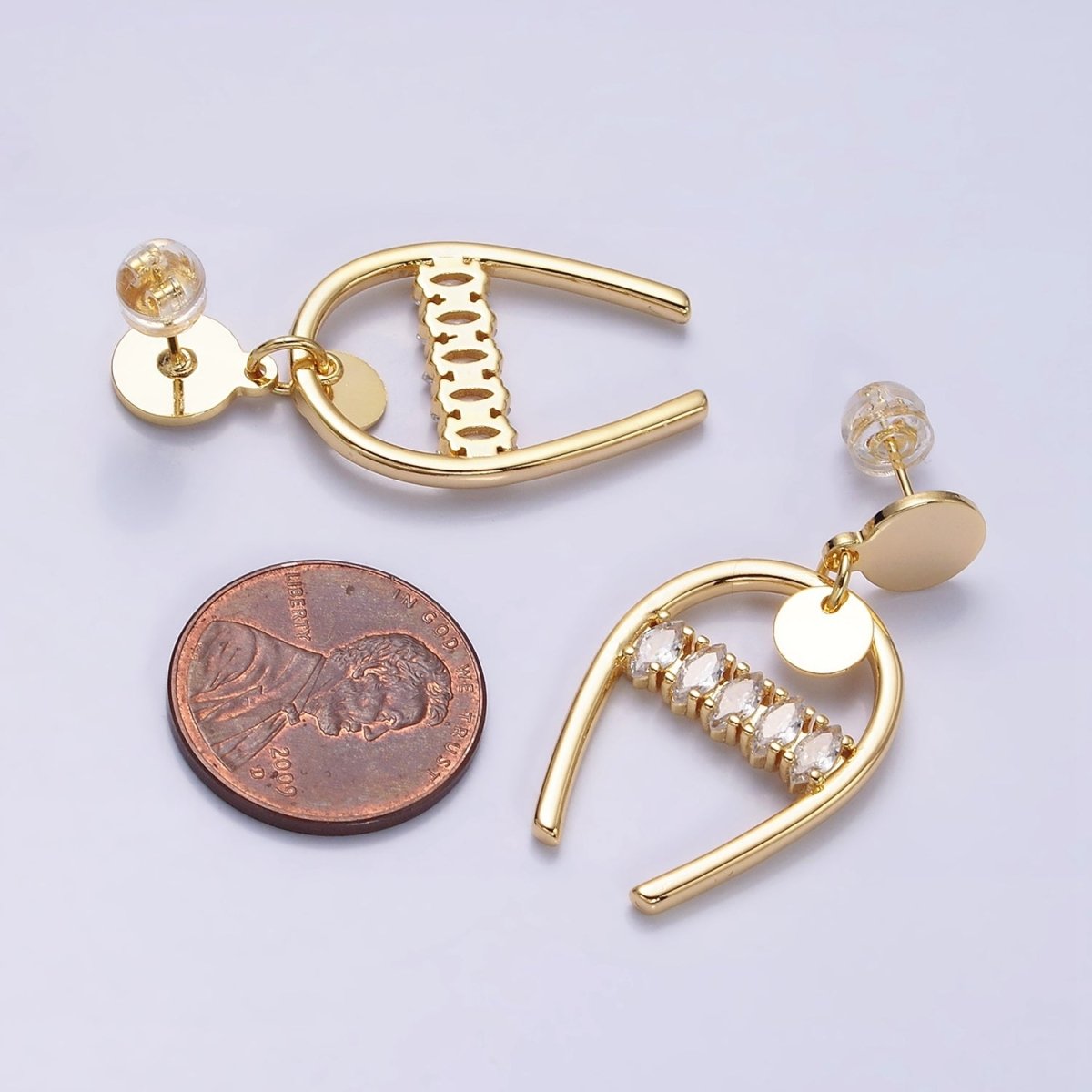 16K Gold plated Clear Marquise Lined Horseshoe Round Stud Earrings in Gold & Silver | AD1134 AD1135