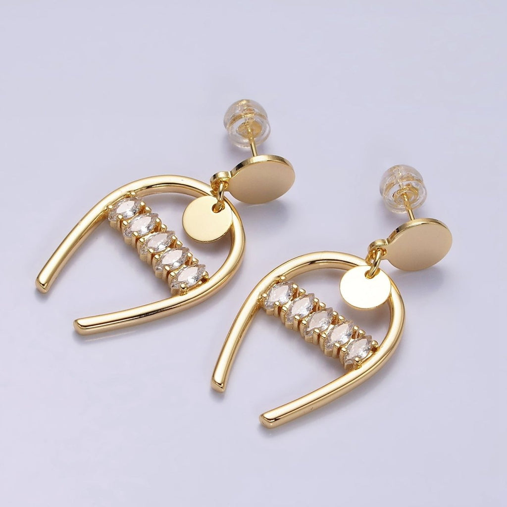 16K Gold plated Clear Marquise Lined Horseshoe Round Stud Earrings in Gold & Silver | AD1134 AD1135