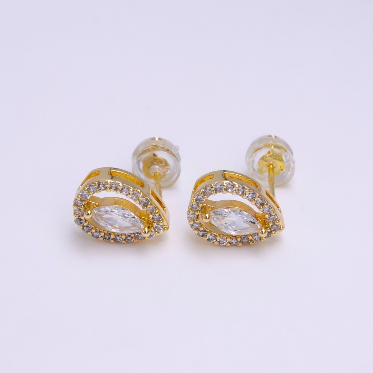 16K Gold plated Clear Marquise Micro Paved CZ Teardrop Open Stud Earrings in Gold & Silver | AE785 AE786