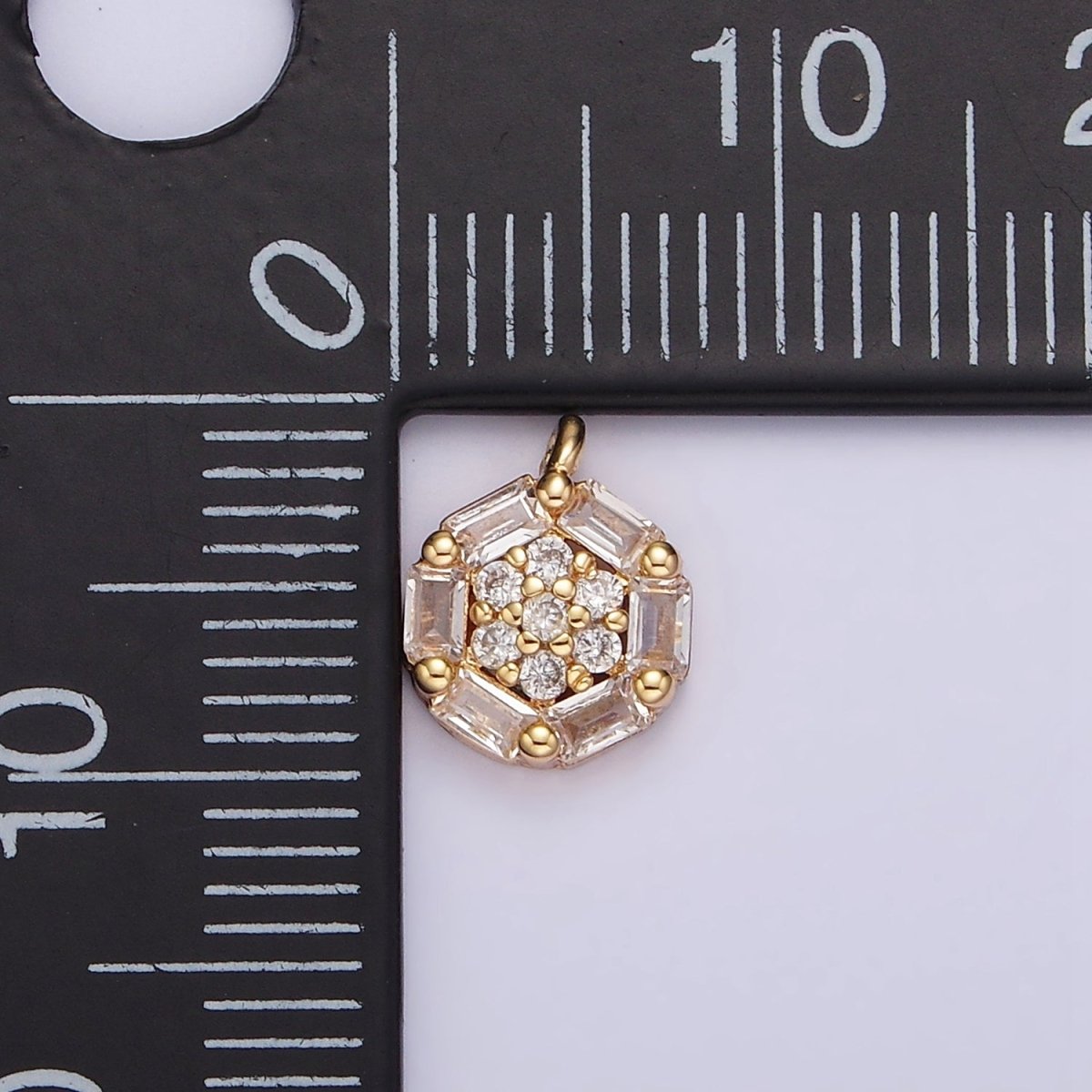 16K Gold plated Clear Micro Paved CZ Baguette Lined Round Mini Charm | N1750 - DLUXCA