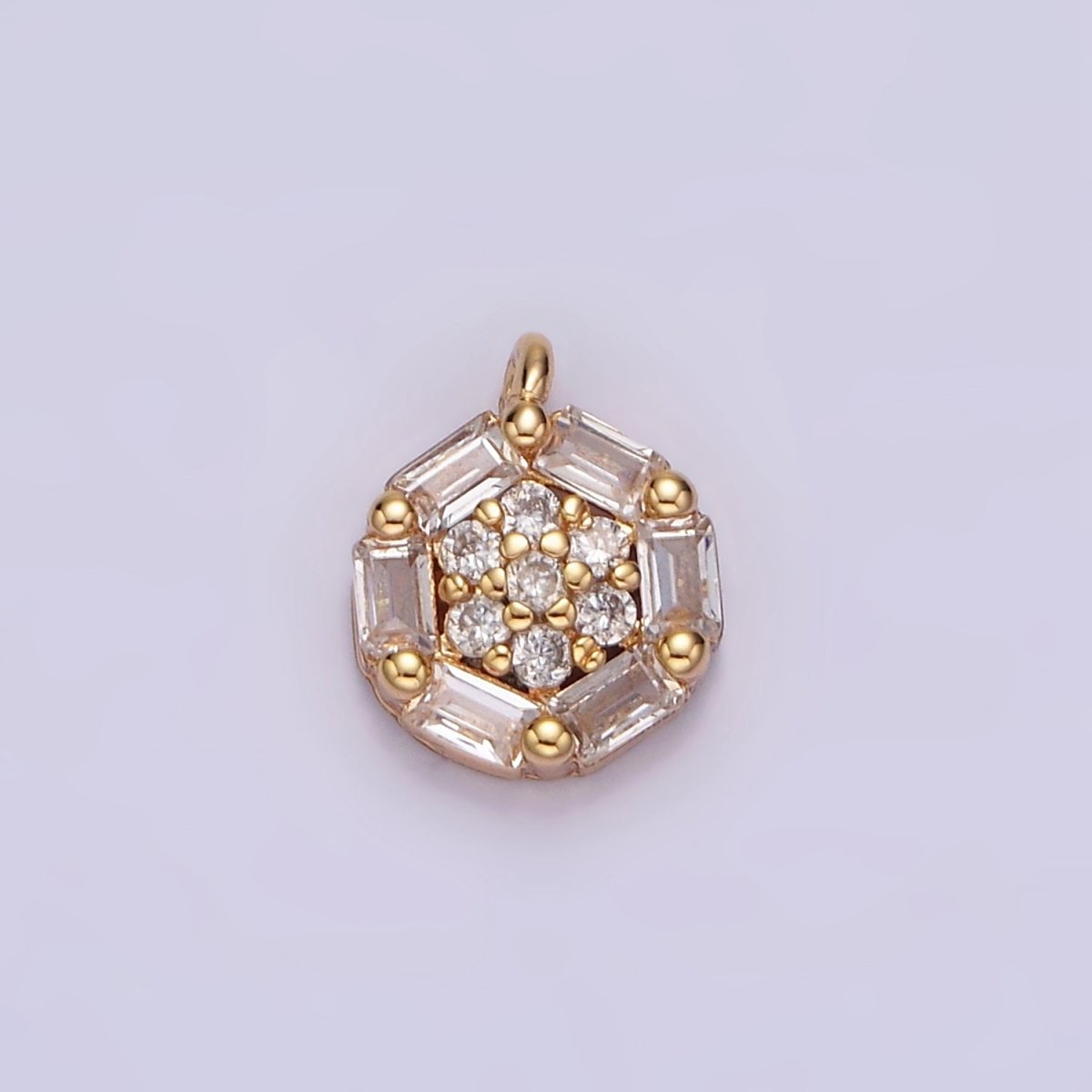 16K Gold plated Clear Micro Paved CZ Baguette Lined Round Mini Charm | N1750 - DLUXCA