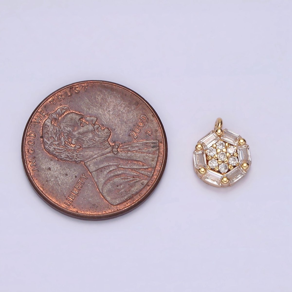 16K Gold plated Clear Micro Paved CZ Baguette Lined Round Mini Charm | N1750 - DLUXCA