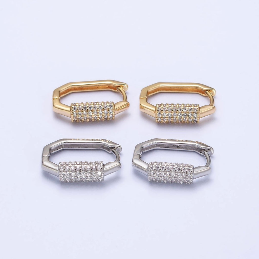 16K Gold plated Clear Micro Paved CZ Cylinder Hexagonal Hoop Earrings in Gold & Silver | AB395 AB396