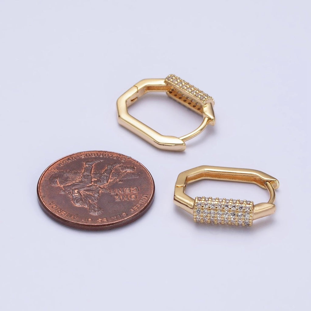 16K Gold plated Clear Micro Paved CZ Cylinder Hexagonal Hoop Earrings in Gold & Silver | AB395 AB396